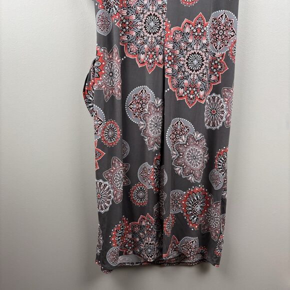 Robbie Bee Floral Medallion Wrap Dress Size 1X Gray Coral Pink Short Sleeve - Picture 5 of 11